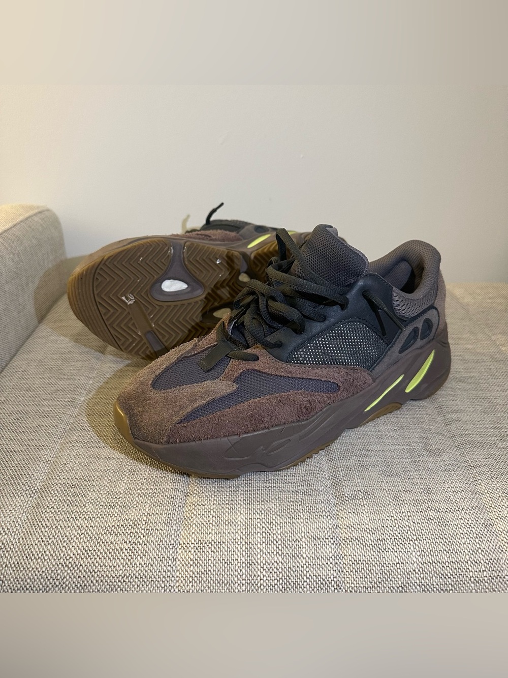 Yeezy Wave Runner Brown and Black Sneakers with Neon Accent